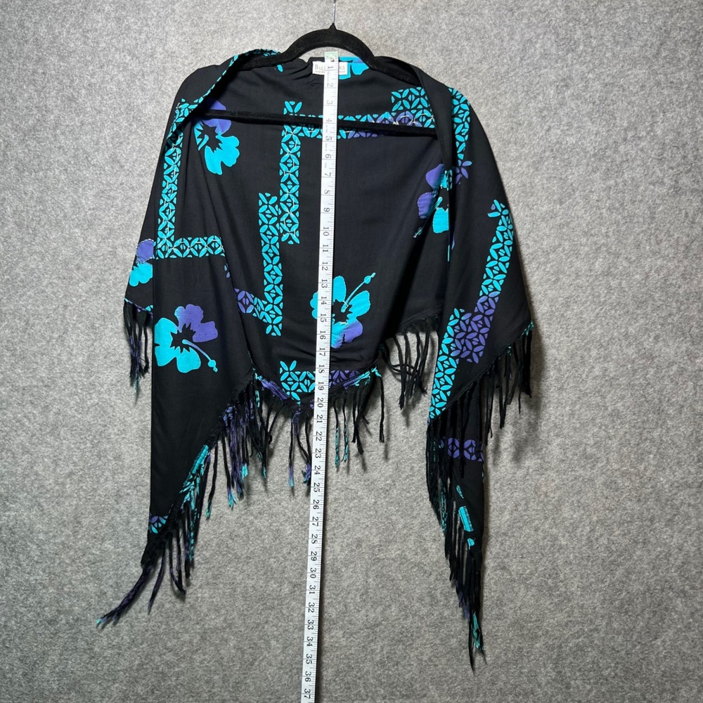 Bali Batiks Hand Painted Beaded Hibiscus Fringe Shawl Wrap Teal Purple Black - Picture 6 of 7